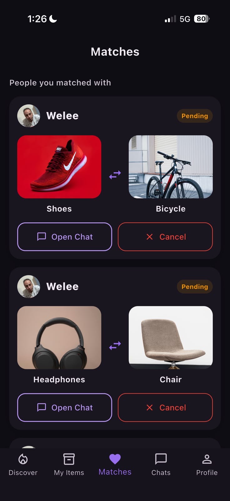 Swappy matches screen