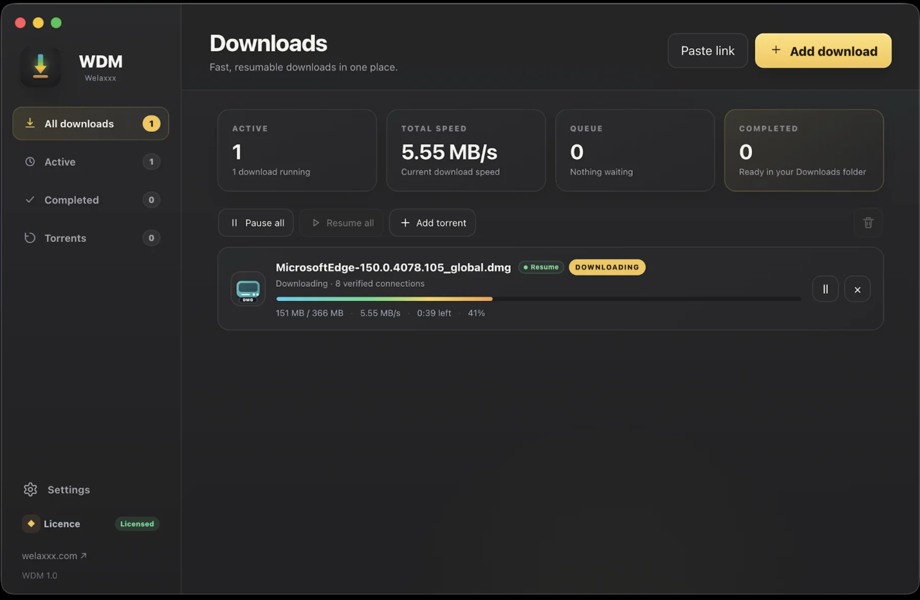 WDM active download in dark mode