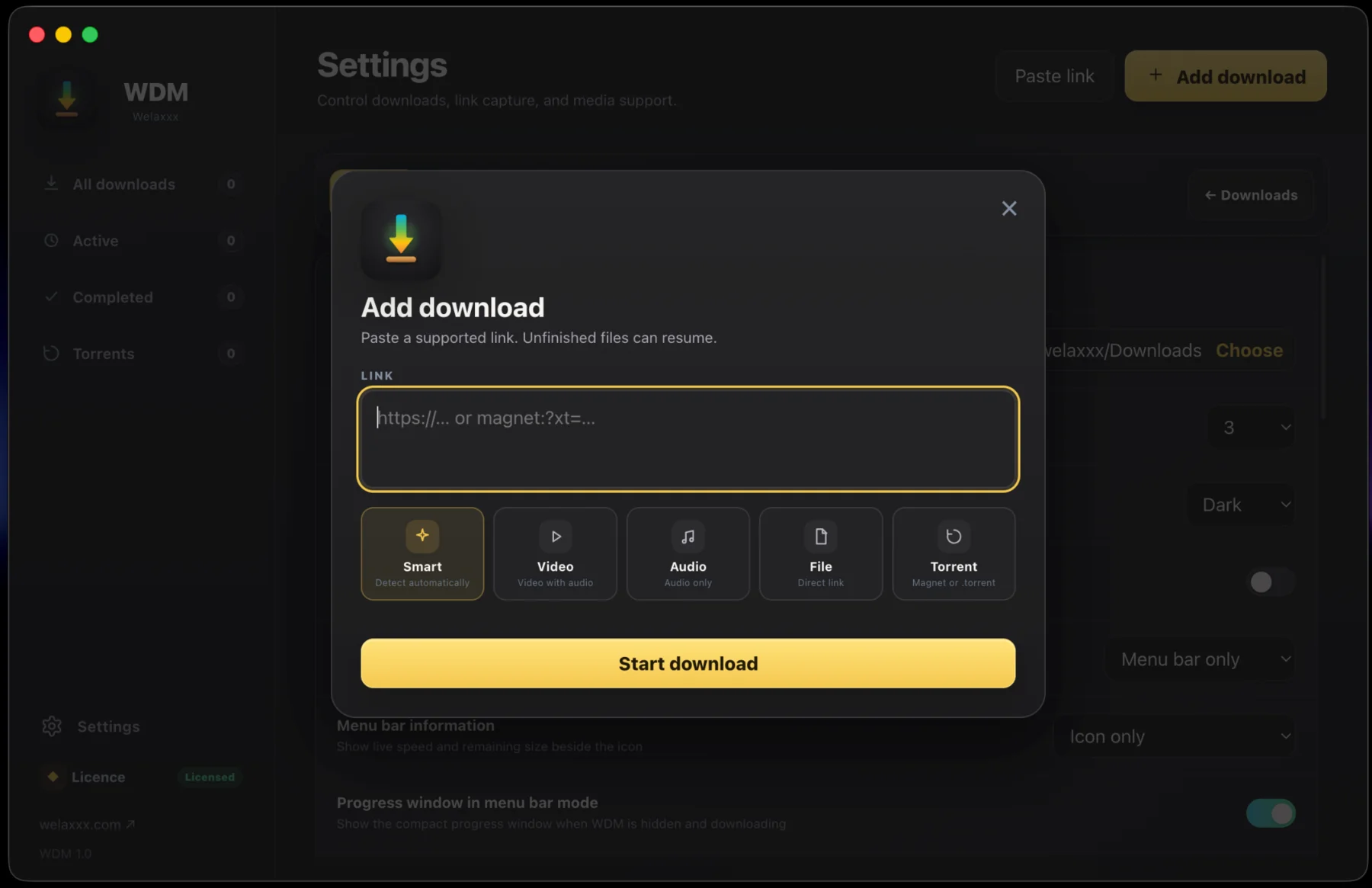 WDM Add download window