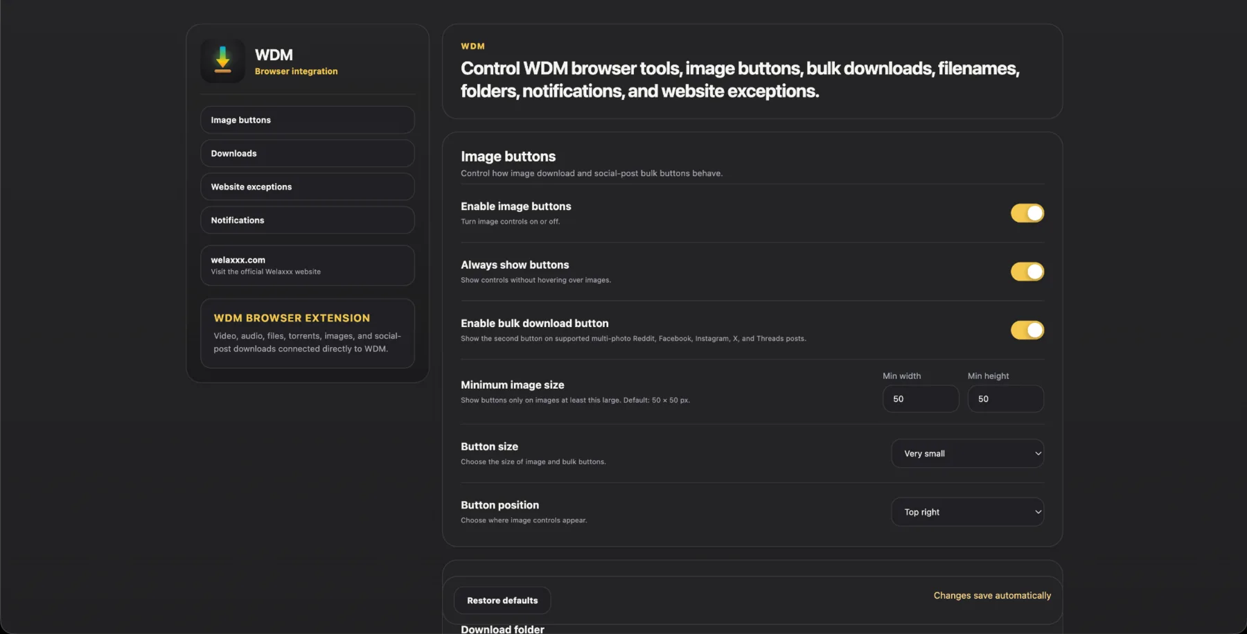 WDM browser extension settings