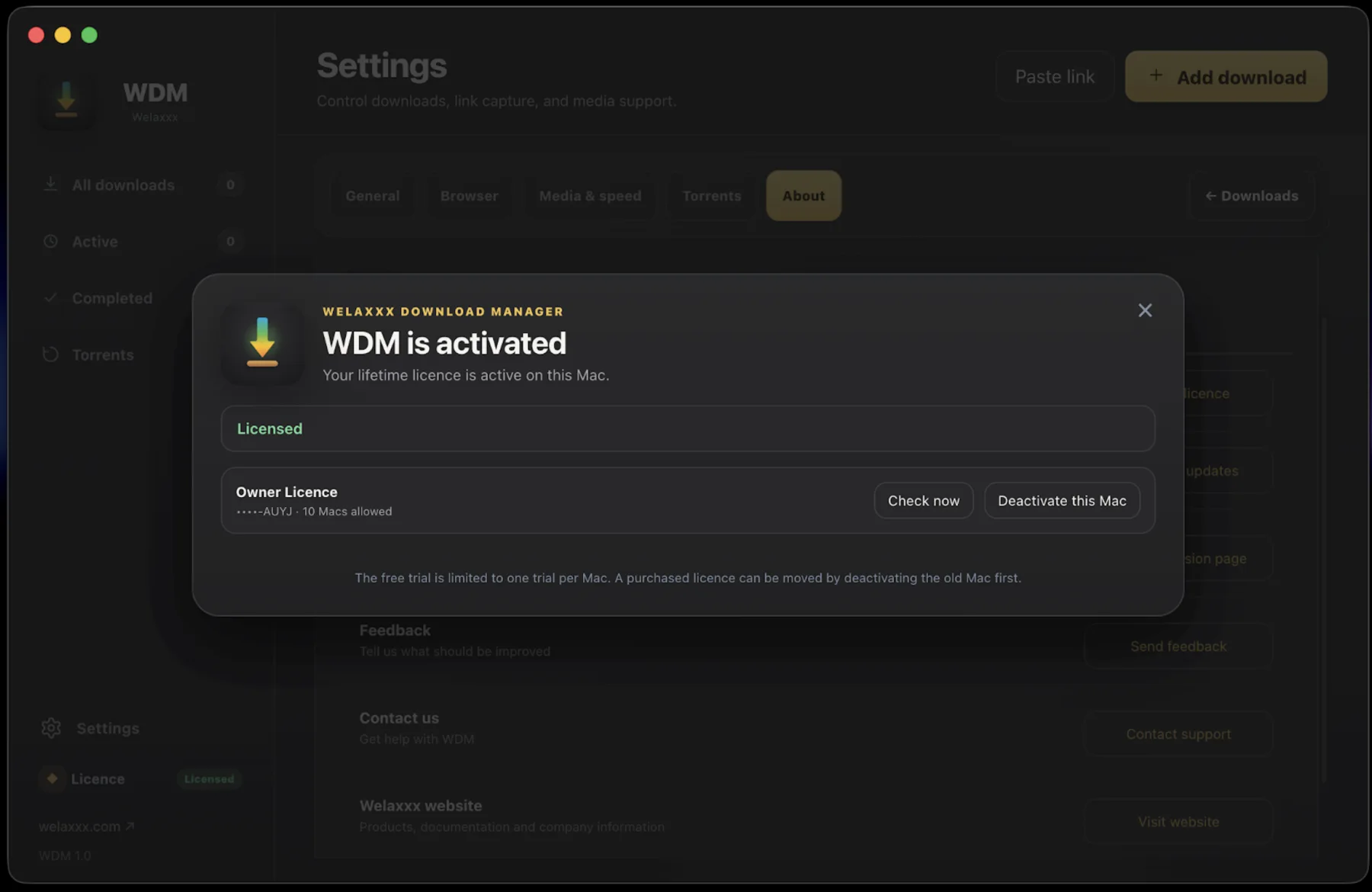 WDM activated licence window