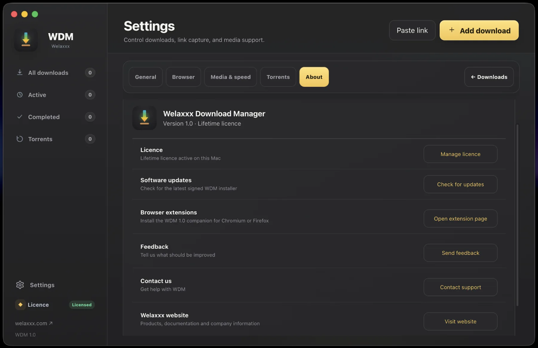 WDM About settings in dark mode