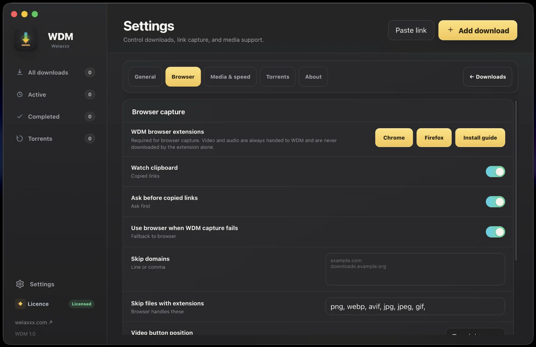 WDM Browser settings in dark mode