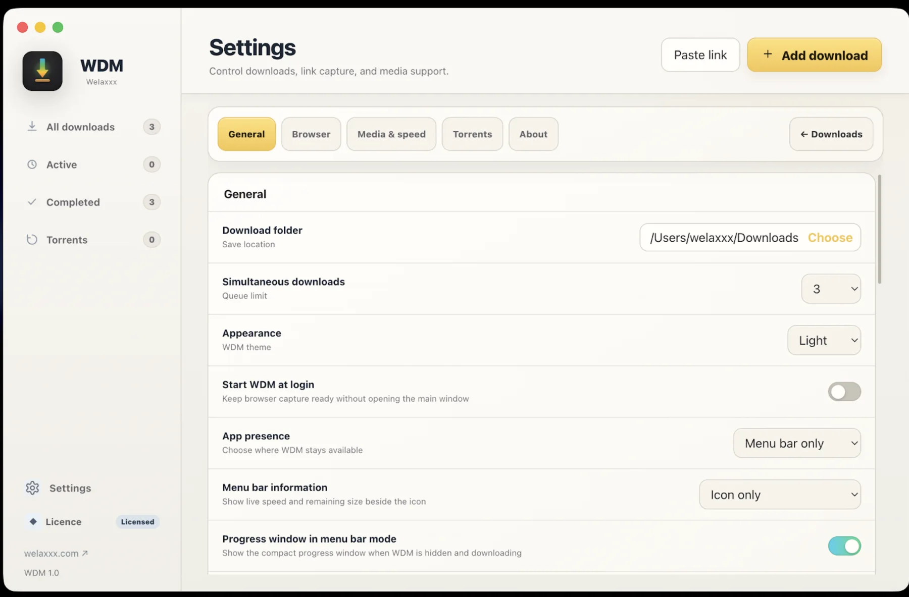 WDM General settings in light mode